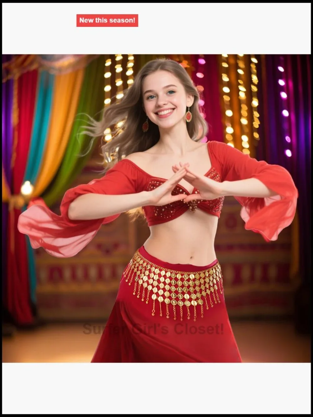 Belly Dance Hip Scarf Belt with Coins, Adjustable, Hook & Loop Closure